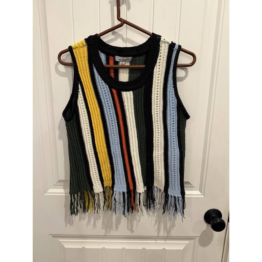 Crave Fame Women’s L Striped Crochet Knit Tank Top Fringe Boho Festival Vest